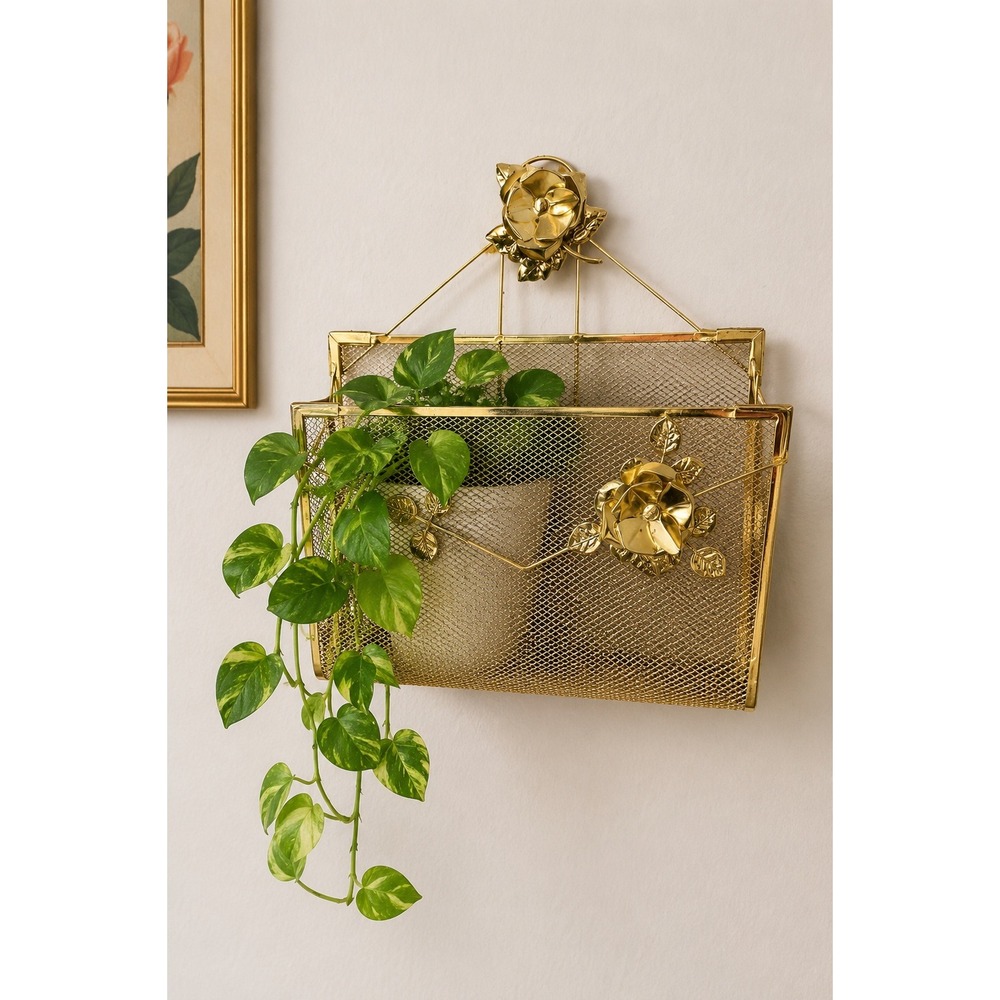 Vintage Gold Metal Mesh Letter Holder Rose Wall Organizer Hollywood Regency Bold